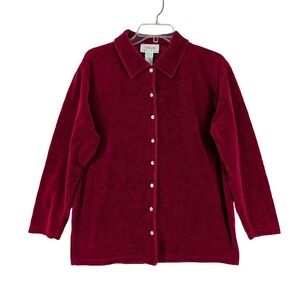 Talbots Petites Red Velvet Velour Floral Embossed Button Front Shirt Womens PS